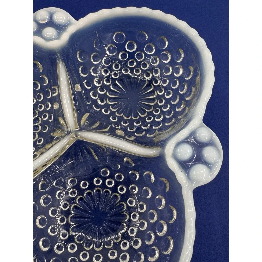 Anchor Hocking Candy Dish Hobnail Opalescent Moonstone Glass 3 Section 6.5